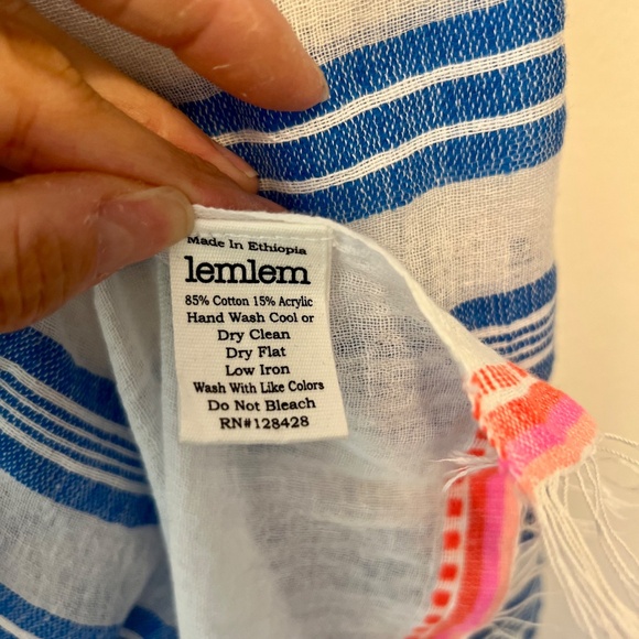 LemLem Mini Tinish Blue Neon Orange Striped Lightweight Cotton Blend Scarf OS - Picture 4 of 5